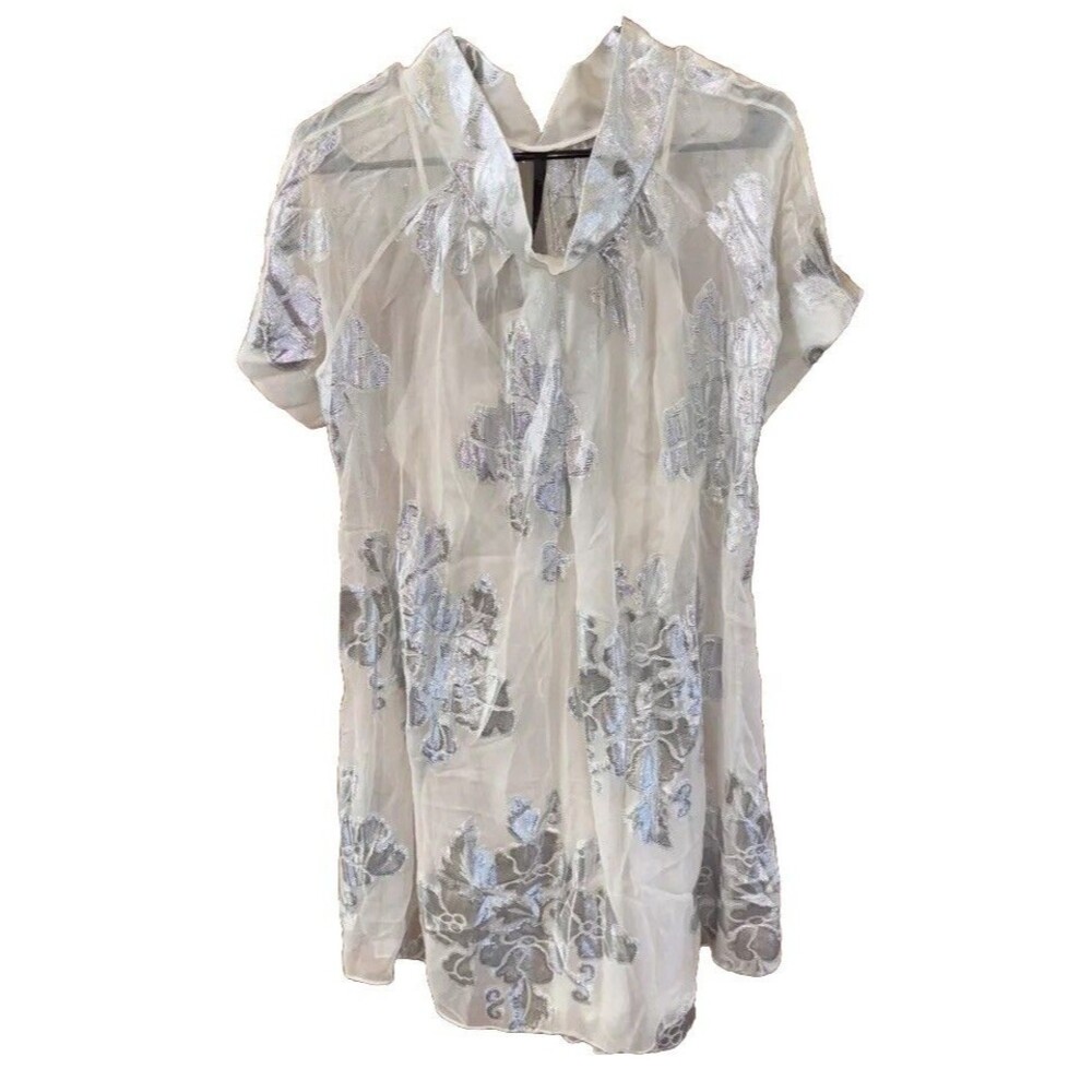 Poleci Dress Ivory Silver Floral Silk 10 Tucked Collar Women Slip Sheer New